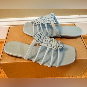 VINCE Womens Blue Dae Square Toe Block Heel Slip On Leather Slide Sandals Sz#6M